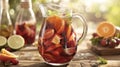 A pitcher of refreshing sangria filled with sliced fruit and chilled to perfection