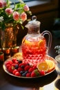 Pitcher of tea sitting on top of plate filled with fruit. Generative AI