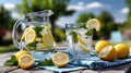 A pitcher of water with lemon slices. Generative AI Royalty Free Stock Photo