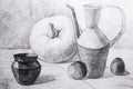 Pitchers, apples and pumpkin drawn in pencil