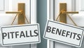 Pitfalls or benefits as a choice in life - pictured as words Pitfalls, benefits on doors to show that Pitfalls and benefits are Royalty Free Stock Photo