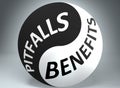 Pitfalls and benefits in balance - pictured as words Pitfalls, benefits and yin yang symbol, to show harmony between Pitfalls and