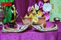 Piti food bowl . The main ingredients of Azerbaijani Piti bowls. Arabian Embroidered Leather Shoes . Traditional Arabic Royalty Free Stock Photo