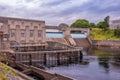 Pitlochry Dam, hydro electric power station and salmon ladder at twilight Royalty Free Stock Photo