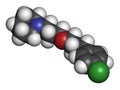 Pitolisant (tiprolisant) narcolepsy drug molecule. 3D rendering. Atoms are represented as spheres with conventional color coding: