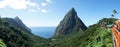 The Piton mountains Gros Piton and Petit Piton in a lush green forest next to the blue ocean on Saint Lucia Island in the Caribbea