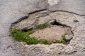 Pits on the road and destroyed asphalt. Background with copy space Royalty Free Stock Photo