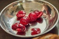 Pitted cherries are ready in pie bowl. Step by step recipe Royalty Free Stock Photo