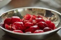 Pitted cherries are ready in pie bowl. Step by step recipe Royalty Free Stock Photo