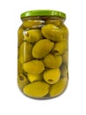 Pitted green olives in brine in glass jar Royalty Free Stock Photo