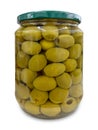 Pitted green olives in brine in glass jar Royalty Free Stock Photo