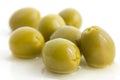 Pitted green olives with brine. Royalty Free Stock Photo