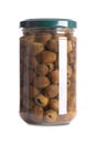 Pitted Leccino black olives, preserved in olive oil, preserved in a glass jar Royalty Free Stock Photo