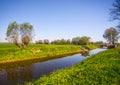 Summer rural pittoresque landscape with willows and water in canal