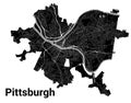 Pittsburgh city map, Pennsylvania, United States. Municipal administrative borders, black and white area map with rivers and roads
