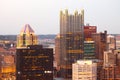 Close-up view to the cityscpae of central district of Pittsburgh at dusk