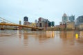 Downtown skyline and Roberto Clemente Bridge over Allegheny River, Pittsburgh. Royalty Free Stock Photo