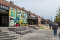 Pittsburgh, Pennsylvania, USA April 30, 2022 People walking along Smallman Street in front of the Terminal in the Strip District