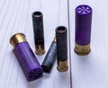 Pittsburgh, Pennsylvania, USA January 1, 2023 Five Hornady shot gun shells, three black 410 gauge and two purple 12 gauge Royalty Free Stock Photo