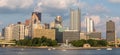 Pittsburgh, Pennsylvania, USA July 25, 2021 The fountain at Point State Park with downtown Pittsburgh in the background and boats Royalty Free Stock Photo