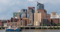 Pittsburgh, Pennsylvania, USA July 25, 2021 Part of downtown Pittsburgh behind a ship from the Gateway Clipper Fleet