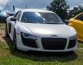 A white Audi coupe on display at a car show in Pittsburgh, Pennsylvania, USA