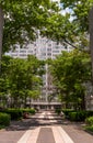 Pittsburgh, Pennsylvania, USA June 6, 2021 A tree lined sidewalk into Gateway Plaza Royalty Free Stock Photo