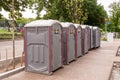 Pittsburgh, Pennsylvania, USA 9/12/20 A line of porta johns owned by Pittsburgh Potty at a construction site