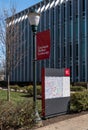 Pittsburgh, Pennsylvania, USA March 8, 2023 A Carnegie Mellon University banner above a map of the campus next to the Hunt Library Royalty Free Stock Photo