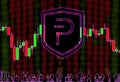 PIVX cryptocurrency. Background of blurry numbers and candlestick chart. Silhouettes of office workers