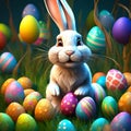 Pixar Art Style 3D Rendered: A Cute Fluffy Easter Bunny with Lots of Easter Eggs Royalty Free Stock Photo