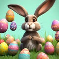 Pixar Art Style 3D Rendered: A Cute Fluffy Easter Bunny with Lots of Easter Eggs Royalty Free Stock Photo