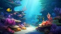 A Pixar 3D rendering of a whimsical, colorful underwater