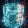 Futuristic digital data stack visualized as a circular, semi-transparent structure made of glowing blue squares.AI Royalty Free Stock Photo