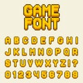Pixel alphabet font letters and numbers set video computer game in retro 8 bit style. Modern stylish font or typeface Royalty Free Stock Photo