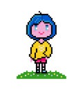 Pixel anime character with blue hair, yellow sweater, retro game art