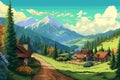pixel anime graphics of an 8-bit landscape village.