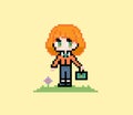 Pixel anime school girl wih bag, cute student character