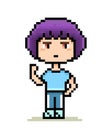 Pixel anime sport boy with purple hair, blue clothes