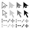 Pixel arrow icons set in white, black, light and deep gray. Vector illustration with cursors for web design. Isolated on white