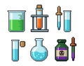 Pixel Art Alchemy Icons Set - Potions Chemistry Bottles and Tools Royalty Free Stock Photo