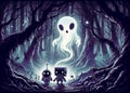 Pixel Art of Alien, Ghost, and Robots in Forest