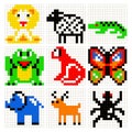 Pixel art animals vector set. Royalty Free Stock Photo