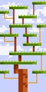 Game scene with one big tree, branches board, and clouds background. Vector adventure platform poster