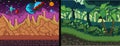 Pixel art backgrounds set. Pixel Jungle and space theme for game