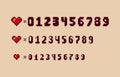 Pixel art 8-bit Arcade game elements of different size heart icons and numeric alphabet. loading bar or item indicator Royalty Free Stock Photo