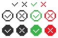 Pixel art 8bit check mark and cross icon. Positive and negative choice symbol. Sign app button vector