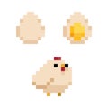 Pixel art 8-bit Chicken and eggs set - isolated vector illustration