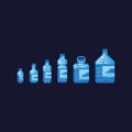 Pixel art 8 bit collection of recyclable plastic water bottles isolated vector illustration set
