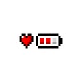 Pixel art 8-bit heart and battery red icon 8-bit - isolated vector illustration